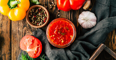 Homemade hot tomato sauce. Adjika