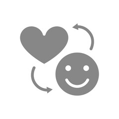 Happy face and heart gray icon. Exchange happiness on love symbol.