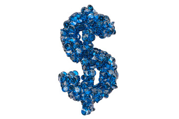 Dollar symbol from blue diamonds or sapphires with brilliant cut. 3D rendering