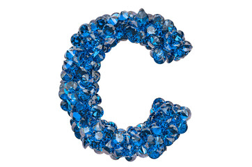 Letter C from blue diamonds or sapphires with brilliant cut. 3D rendering