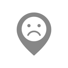 Location mark with sad face gray icon. Customer unsatisfaction, dislike, rating symbol.