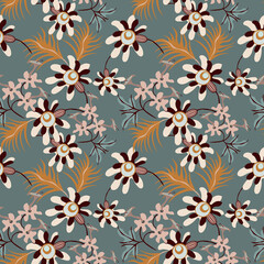 Obraz premium Vector floral seamless pattern with abstract tropical flowers, leaves, branches. Exotic jungle background. Modern doodle style texture with hand drawn elements. Stylish modern repeat design 