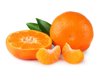 Tangerine and slices isolated on a white background.