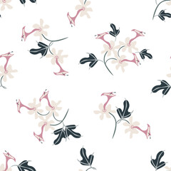 Vector floral seamless pattern with abstract tropical flowers, leaves. Exotic jungle background. Modern doodle style texture with hand drawn elements. Pink, gray, black, white color. Repeated design