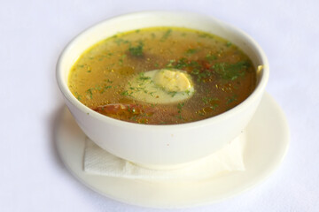 Chicken Egg in Meat Broth, dishes of Russian national cuisine
