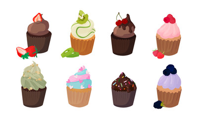 White and chocolate dough bun illustration. Delicious and fresh cupcake.
Birthday cupcake. A set of muffins with various fillings, creams and berries. Vector illustration.