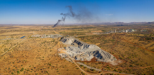 Panoramic aerial view of a platinum mine on a sunny day in Rustenburg, South Africa