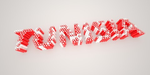 TUNISIA word made with batteries, wide shot. Modern electrical technologies conceptual 3d rendering