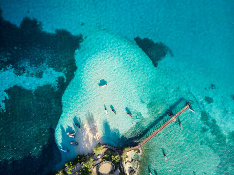 Aerial view of a beach in Changuu Island, called Prison Island. The siand was used as a prison for the rebellious slaves in 1860s, Zanzibar