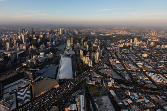 Aerial view of Southbank with Melbourne and the Docklands in view, Austrialia.