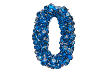 Number 0 from blue diamonds or sapphires with brilliant cut. 3D rendering