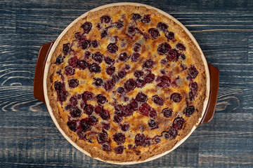 Homemade organic cherry pie dessert ready to eat, close up. Cherry tart