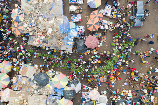 Waterloo, Sierra Leone - 22 February 2020: Aerial view of people at a community market