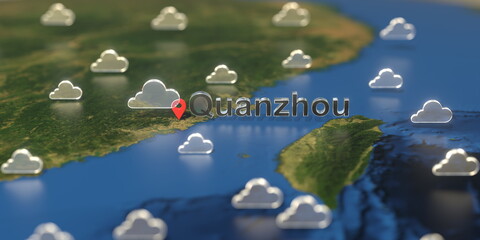 Cloudy weather icons near Quanzhou city on the map, weather forecast related 3D rendering