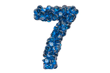 Number 7 from blue diamonds or sapphires with brilliant cut. 3D rendering