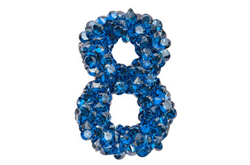 Number 8 from blue diamonds or sapphires with brilliant cut. 3D rendering
