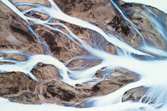 Aerial view, top down, of Jokulvisl glacial river in Kerlingarfj&radic;&part;ll area in the highlands of Iceland