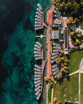 Aerial view of the Palafitte hotel, half above the lake, half above the land. Photo taken on Topdown, in Neuchatel Switzerland