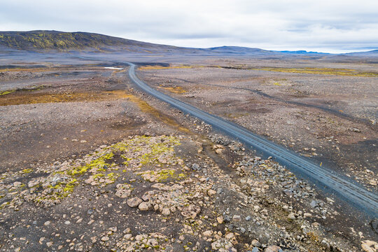 Aerial view of the Sprengisandur 4WD road through the desolate and uninhabited highlands of Iceland