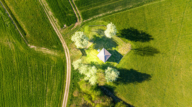 Aerial view of a spring landscape with trees and a hut, Germany, Marbach