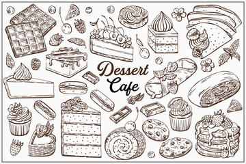 Dessert set, cake, pastry, 
muffins, strudel, waffles and more item are
hand-draw vintage engraving illustration for poster, label and menu. Illustration set in graphic sketch style.