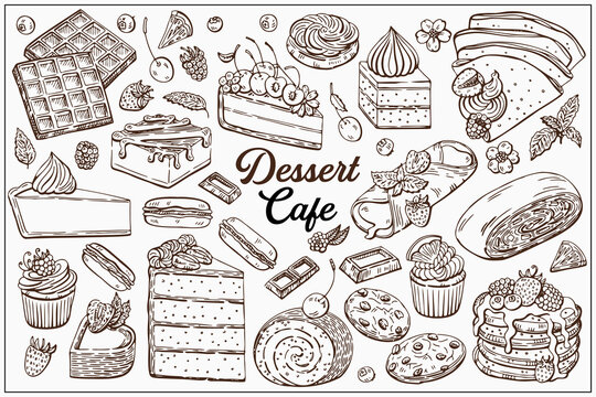 Dessert set, cake, pastry, 
muffins, strudel, waffles and more item are
hand-draw vintage engraving illustration for poster, label and menu. Illustration set in graphic sketch style.