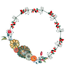 Beautiful autumn festival wreath. Decorative harvest illustration of pumpkins, dog berries and dry plants.  Watercolor hand painted isolated elements on white background.
