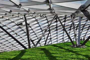 Modern glass and metal pavilion roof in Moscow Zaryadye park