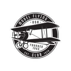 Model flying club emblem logo template. Vintage silhouette label with retro biplane. Stock vector isolated © jeksonjs