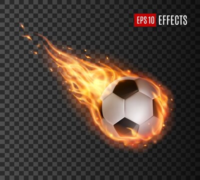 Soccer ball with fire tongues, vector football ball falling in flame blaze. Realistic 3d sport inventory, competition or tournament promotion, sports design element isolated on transparent background