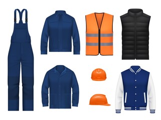 Workwear uniform and worker clothes, vector realistic safety jackets and overall vests. Work wear clothing suits and outfit garments for construction and builders, hardhat helmet and pants mockups - obrazy, fototapety, plakaty