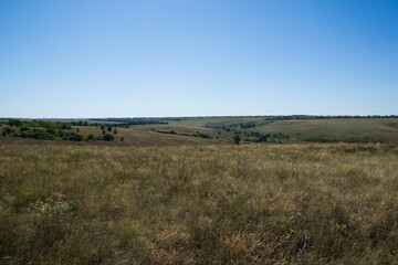 panoramic view of the vastness, hills and meadows of Ukraine in August