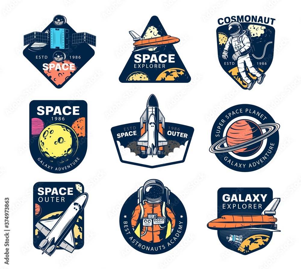 Poster galaxy explore vector icons. astronaut, space shuttle and satellites in outer space. universe expedi