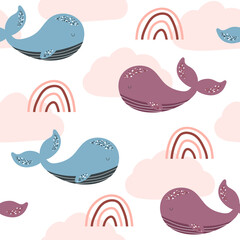 Vector seamless pattern with whales, clouds, and rainbows. Great for textile design.