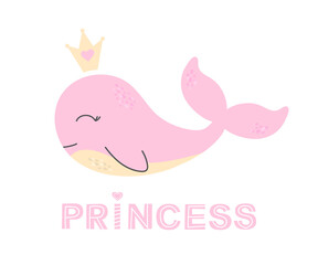 Illustration of a princess whale in a crown. Great for greeting cards, posters, baby shower.