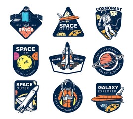 Galaxy explore vector icons. Astronaut, space shuttle and satellites in outer space. Universe expedition, exploration and adventure. Cosmos explorers and alien planet colonization mission retro labels © Vector Tradition