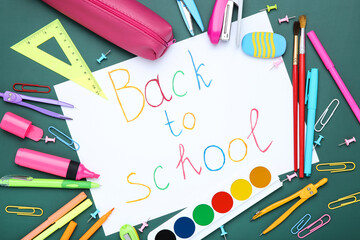 Different school supplies with text Back to School on green background