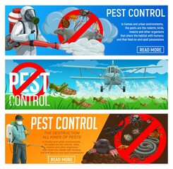 Pest control service vector banners, exterminators and agriculture airplane spraying insecticide against insects and rodents. Pests and field or garden vermin chemical extermination, deratization