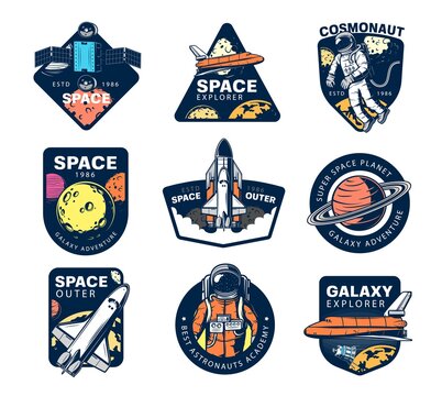 Galaxy explore vector icons. Astronaut, space shuttle and satellites in outer space. Universe expedition, exploration and adventure. Cosmos explorers and alien planet colonization mission retro labels