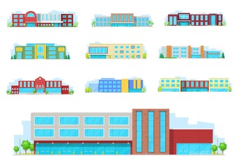 Education building isolated icons with vector school, university, college and academy houses. Schoolhouse exterior with front yard, glass facade, window and door, tree and light emblems, architecture