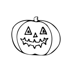 Scary halloween pumpkin doodle vector icon. Hand drawn halloween decor element illustration. Traditional october holiday silhouette design symbol. Pumpkin with angry face sketch sign isolated drawing