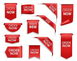 Order now red banners, realistic vector ribbons, web design elements. Corners, flags or isolated bookmarks. 3d icons or labels, discount silk promo event banners, shopping order tags and badges set