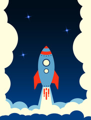 Blue rocket takes off into stars space in a cloud of steam. rocket space ship in flat style. concept Start up Business. Dark vertical Vector Illustration.