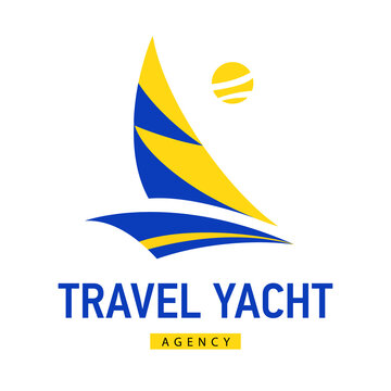 Bright blue travel yaht sign. Design modern logos sailboat for Business. Vector logotype isolated on white background.