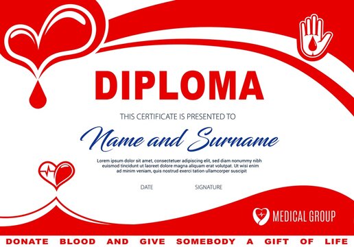 Diploma for blood or plasma donation, vector certificate template with hearts and red drop in human hand. Donor charity border design, diploma for blood donate, giving gift of life, medical support