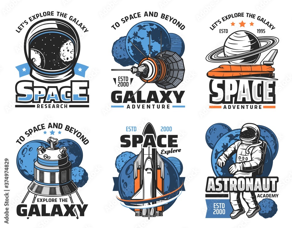 Poster space adventure, galaxy exploration vector icons. astronaut in outer space, shuttle orbiter and sola