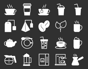 Set of line icons of cups, tea, coffee and coffee accessories. Collection of vector symbols in trendy flat style in white color on dark background. Cup sings for design.
