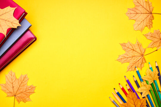 autumn colours note concept. blank note pad, pencils, markers and golden maple leaves. education and learning backdrop. view from above