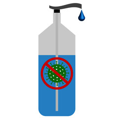 bottle with blue antiseptic with a closed virus sign