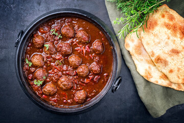 Traditional slow cooked American Tex-Mex meatballs chili with mincemeat and beans in a spicy sauce...